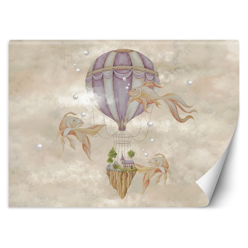 Fototapete - Heißluftballon fliegendes Haus und Fisch | Feeby
