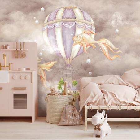 Fototapete - Heißluftballon fliegendes Haus und Fisch | Feeby