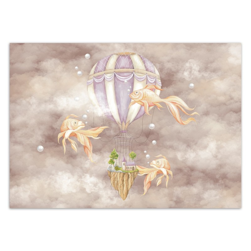 Fototapete - Heißluftballon fliegendes Haus und Fisch | Feeby