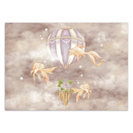 Fototapete - Heißluftballon fliegendes Haus und Fisch | Feeby