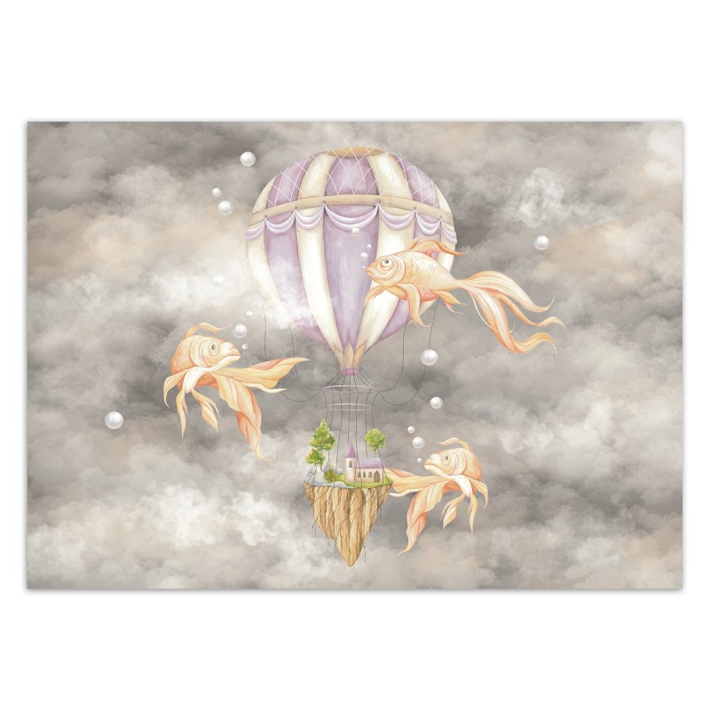 Fototapete - Heißluftballon fliegendes Haus und Fisch | Feeby