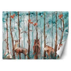 Moderne Fototapete - Wald Tiere Hirsch Bär Fuchs | Feeby