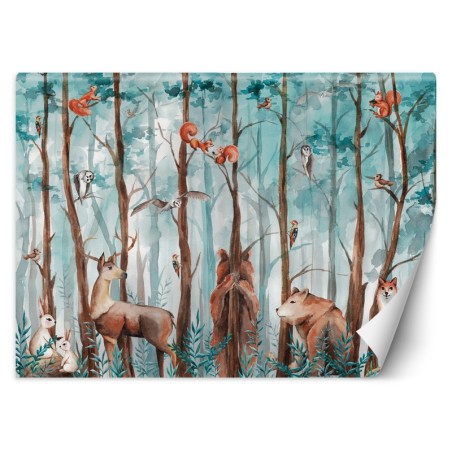 Moderne Fototapete - Wald Tiere Hirsch Bär Fuchs | Feeby