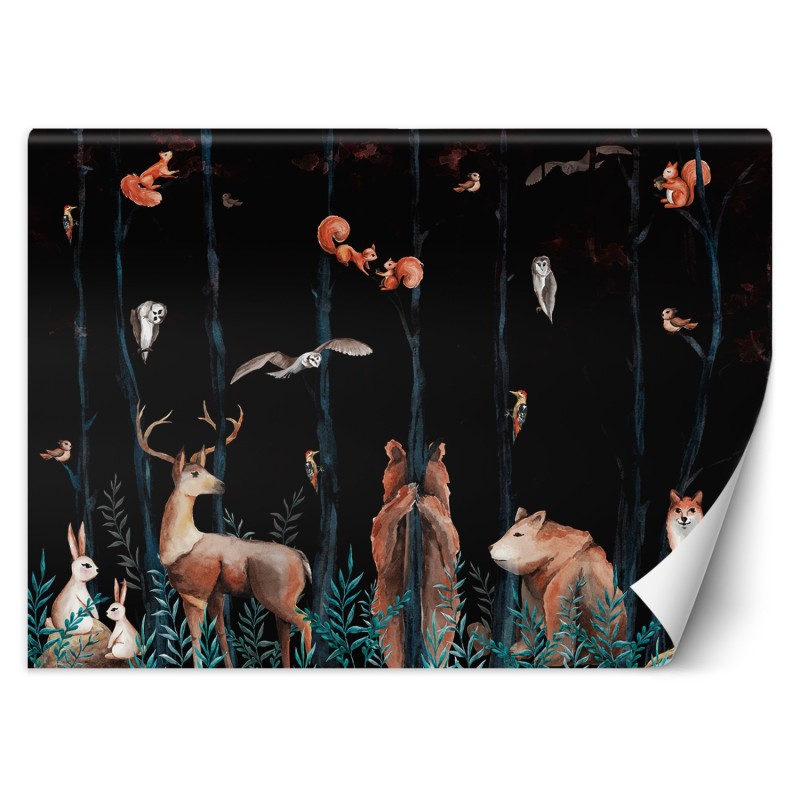 Modische Fototapete - Waldtiere Hirsch Bär Fuchs | Feeby