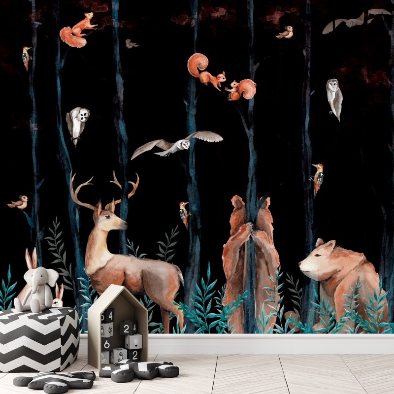 Modische Fototapete - Waldtiere Hirsch Bär Fuchs | Feeby