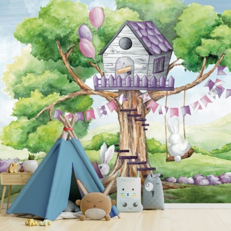 Fototapete - Weiße Kaninchen Hütte auf dem Baum | Feeby