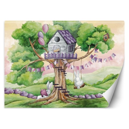 Fototapete - Weiße Kaninchen Hütte auf dem Baum | Feeby