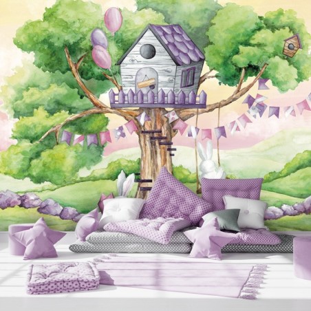 Fototapete - Weiße Kaninchen Hütte auf dem Baum | Feeby