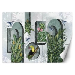 Fototapete - Formen in der Wand mit Pflanzen und Vögeln Toucan Koliber | Feeby