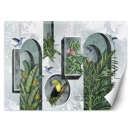 Fototapete - Formen in der Wand mit Pflanzen und Vögeln Toucan Koliber | Feeby
