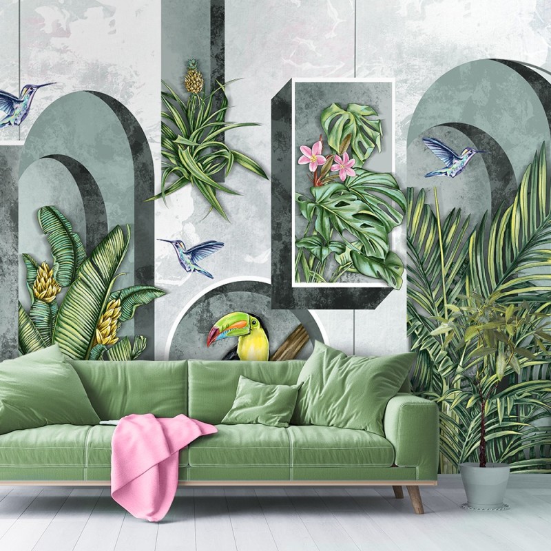 Fototapete - Formen in der Wand mit Pflanzen und Vögeln Toucan Koliber | Feeby