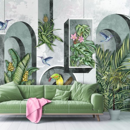 Fototapete - Formen in der Wand mit Pflanzen und Vögeln Toucan Koliber | Feeby