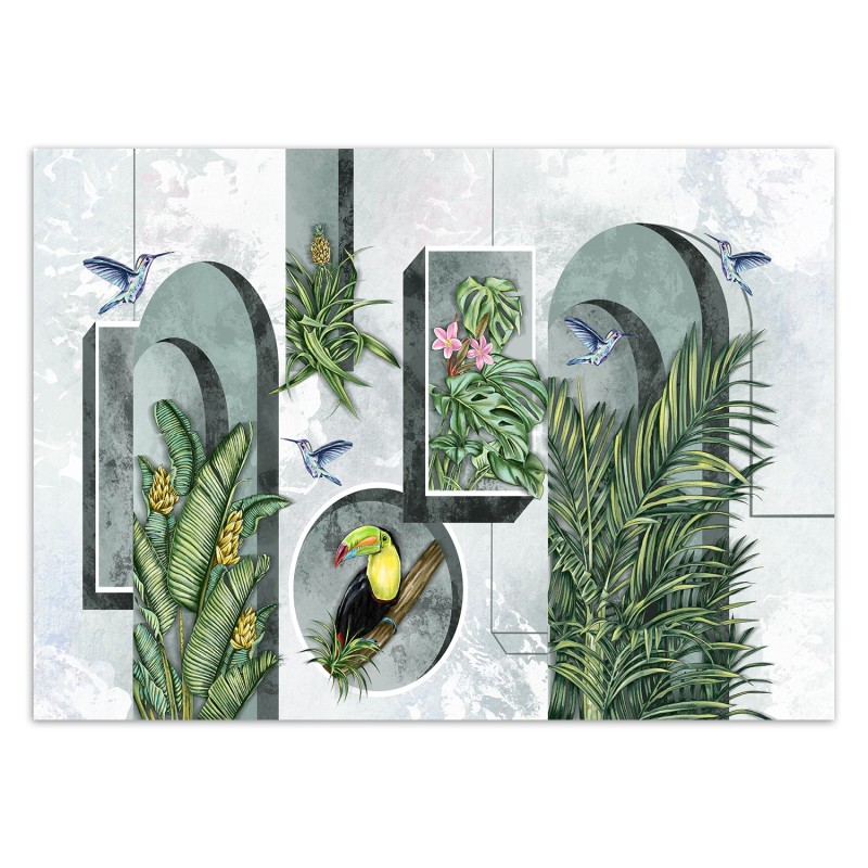Fototapete - Formen in der Wand mit Pflanzen und Vögeln Toucan Koliber | Feeby