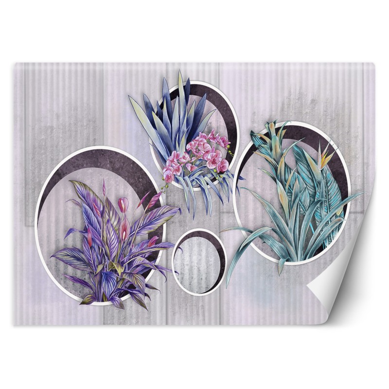 Fototapete - Violett Blumen in Töpfen Betonoptik | Feeby