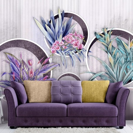 Fototapete - Violett Blumen in Töpfen Betonoptik | Feeby