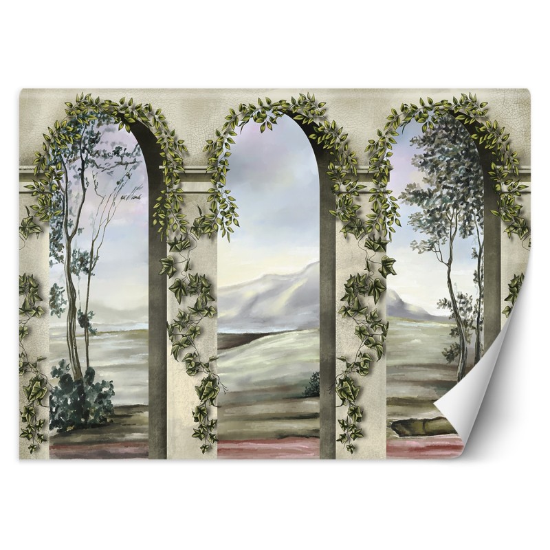 Fototapete - Säulen Bögen Blumen Pflanzen Landschaft | Feeby