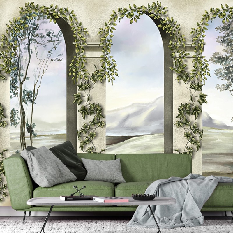 Fototapete - Säulen Bögen Blumen Pflanzen Landschaft | Feeby