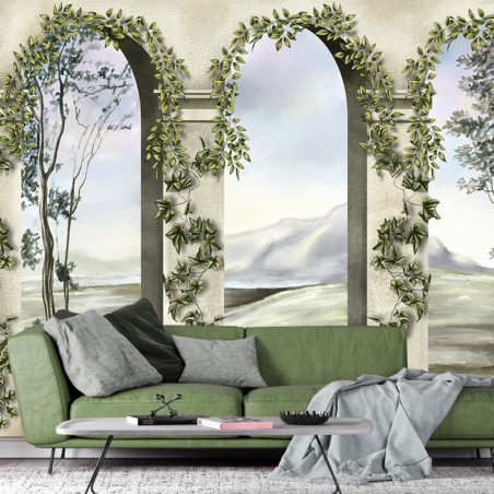 Fototapete - Säulen Bögen Blumen Pflanzen Landschaft | Feeby
