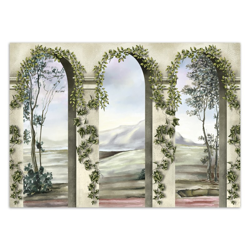 Fototapete - Säulen Bögen Blumen Pflanzen Landschaft | Feeby