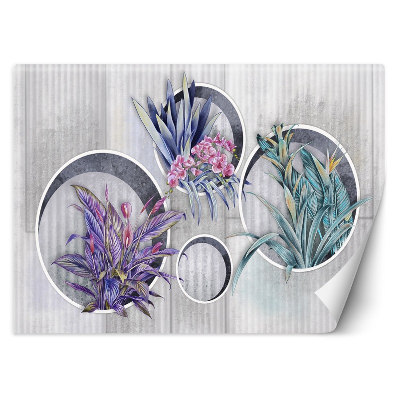 Fototapete - Lila Blumen in Töpfen Betonoptik | Feeby