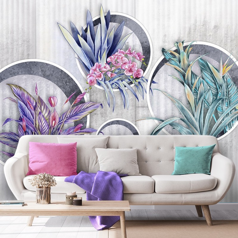 Fototapete - Lila Blumen in Töpfen Betonoptik | Feeby