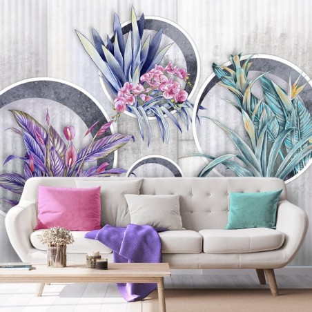 Fototapete - Lila Blumen in Töpfen Betonoptik | Feeby