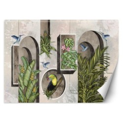 Fototapete - Formen in der Wand mit Pflanzen und Vögeln Toucan Koliber | Feeby