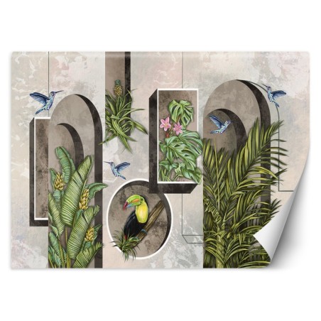Fototapete - Formen in der Wand mit Pflanzen und Vögeln Toucan Koliber | Feeby
