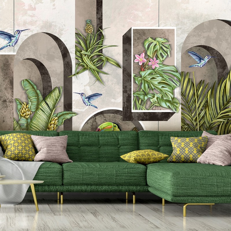 Fototapete - Formen in der Wand mit Pflanzen und Vögeln Toucan Koliber | Feeby