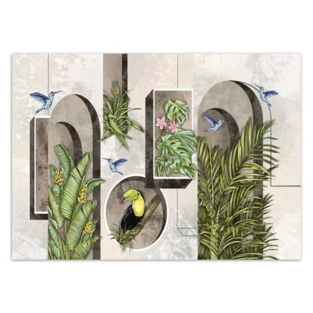 Fototapete - Formen in der Wand mit Pflanzen und Vögeln Toucan Koliber | Feeby