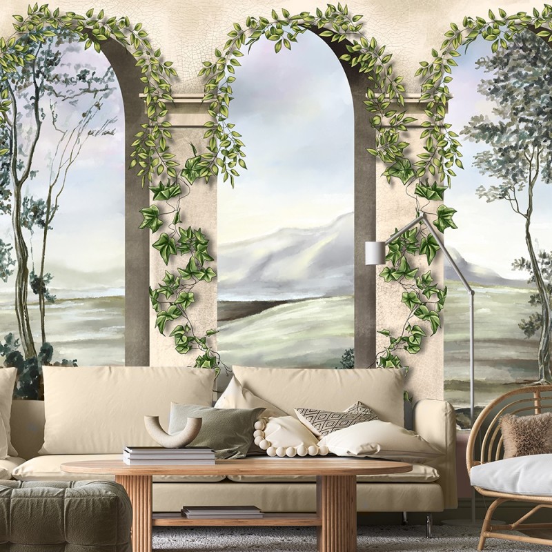 Fototapete - Säulen und Bögen mit Efeu Landschaft | Feeby