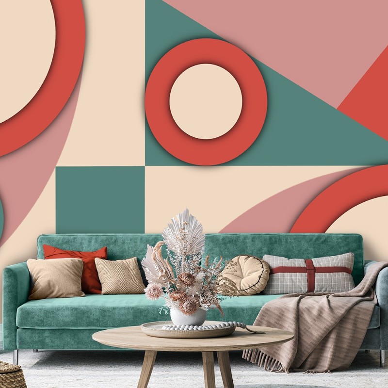 Fototapete - Geometrische Abstrakt Rot Rosa Grün | Feeby