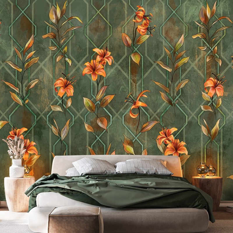 Fototapete - Lilia Blumen Orange Grün | Feeby