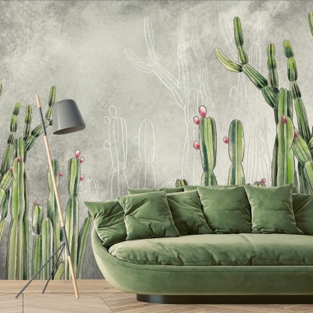 Fototapete - Grün Kaktus Blumen Betonoptik Grau | Feeby