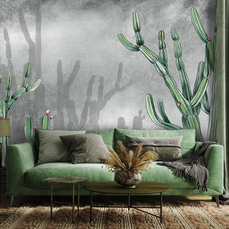 Fototapete - Atacama Cactus Betonwand Grau Grün | Feeby