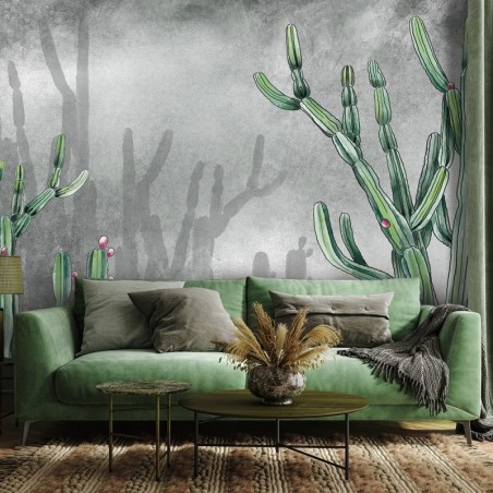 Fototapete - Atacama Cactus Betonwand Grau Grün | Feeby