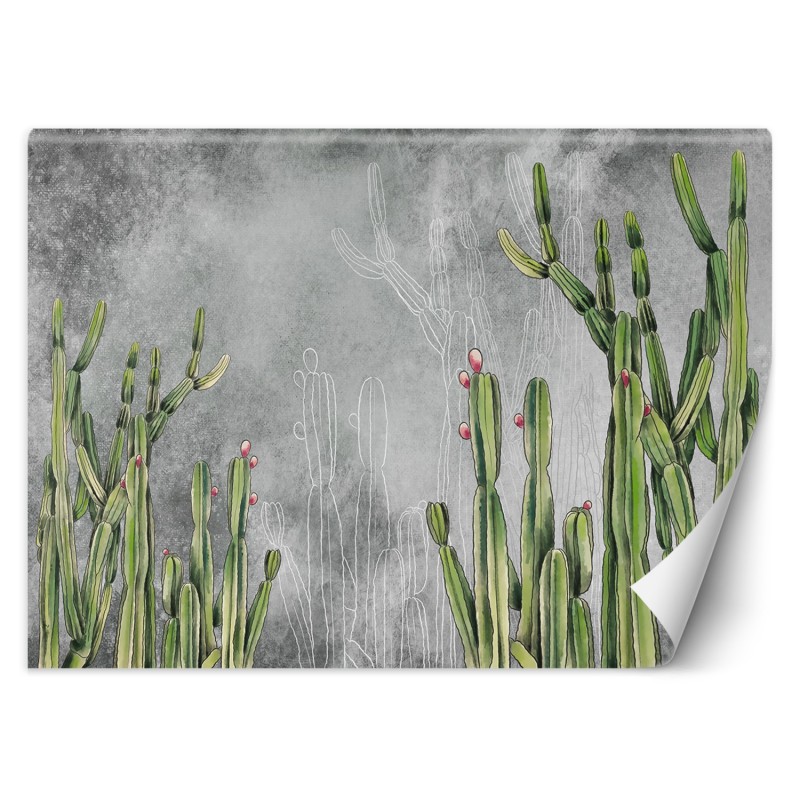 Fototapete - Grün Kaktus Blumen Betonoptik Grau | Feeby