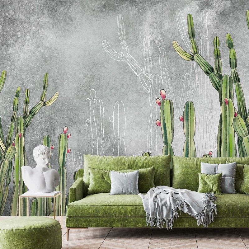 Fototapete - Grün Kaktus Blumen Betonoptik Grau | Feeby