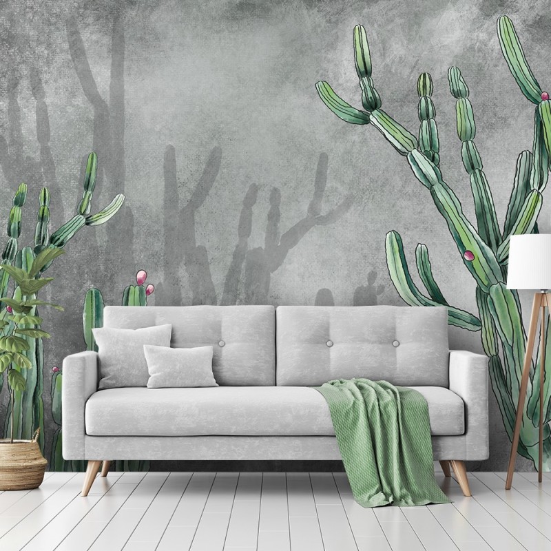 Stilvolle Fototapete - Kaktus Blumen Betonoptik | Feeby