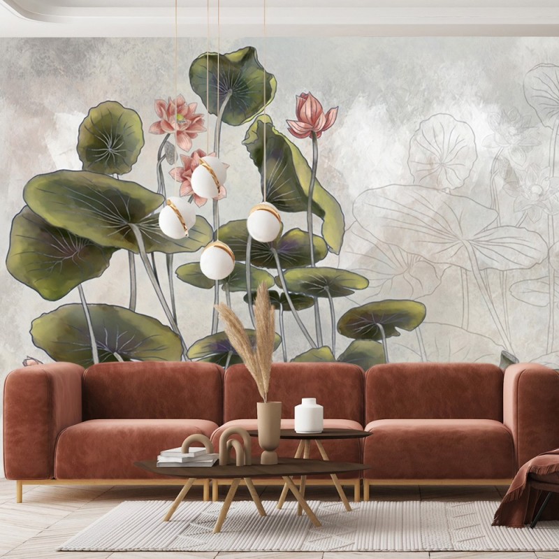 Fototapete - Wasserlilie Blumen Betonwand Grau | Feeby