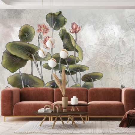 Fototapete - Wasserlilie Blumen Betonwand Grau | Feeby