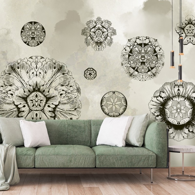 Fototapete - Beton Textur Geometrische Blumen Grau | Feeby