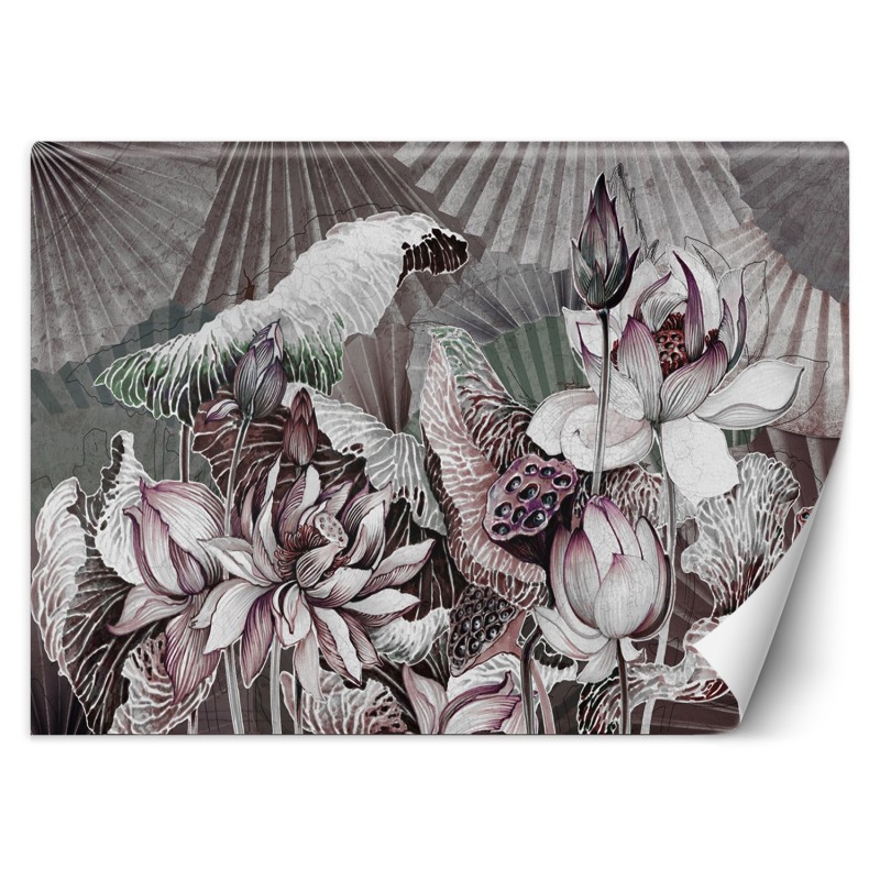 Fototapete - Lotus Blumen Pflanzen Beige Grau | Feeby