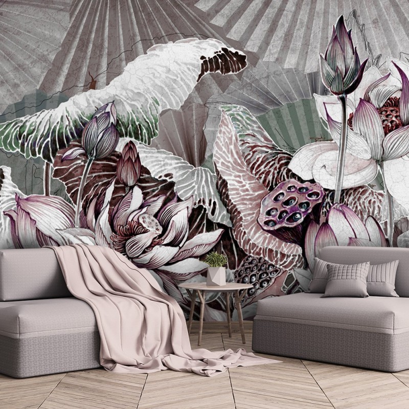 Fototapete - Lotus Blumen Pflanzen Beige Grau | Feeby