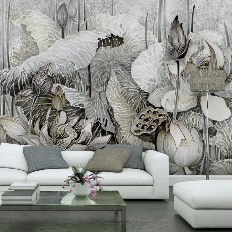 Fototapete - Lotus Blumen Natur Grau | Feeby