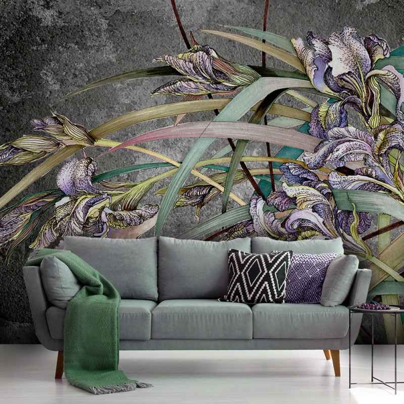 Moderne Fototapete - Narzissen Blumen Betontextur | Feeby