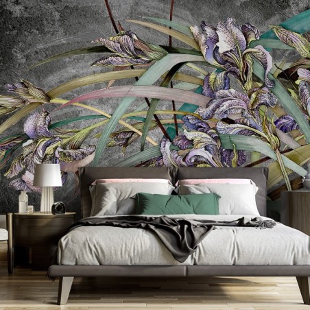 Modische Fototapete - Irises Blumen Beton Textur | Feeby