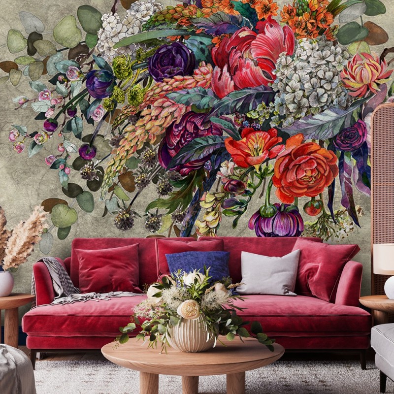 Fototapete - Hängende Blumenstrauß Beton Textur | Feeby