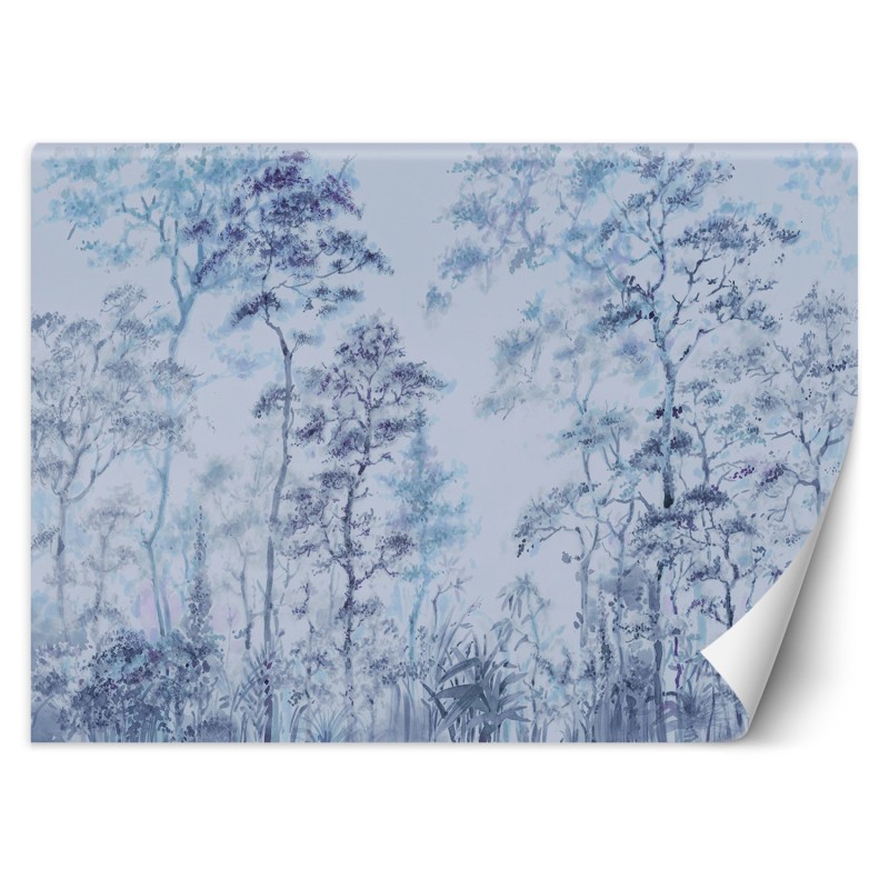 Fototapete - Hohe dünne Bäume Blau Landschaft | Feeby