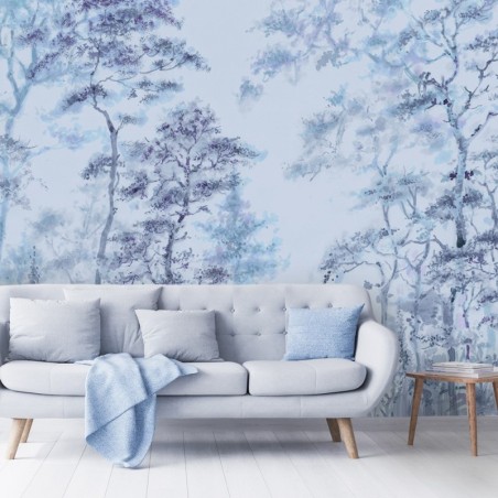 Fototapete - Hohe dünne Bäume Blau Landschaft | Feeby
